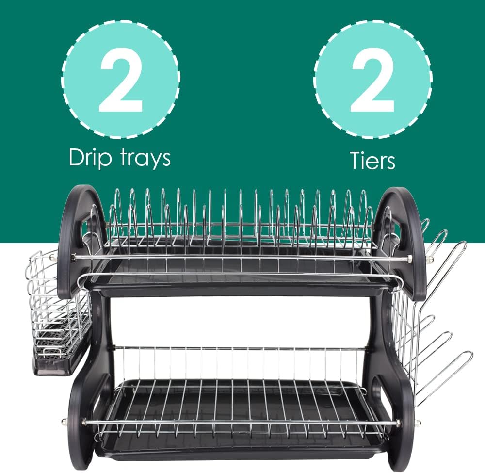 Home Basics Plastic 2-Tier Dish Drainer Rack, Air Drying and Organizing Dishe...