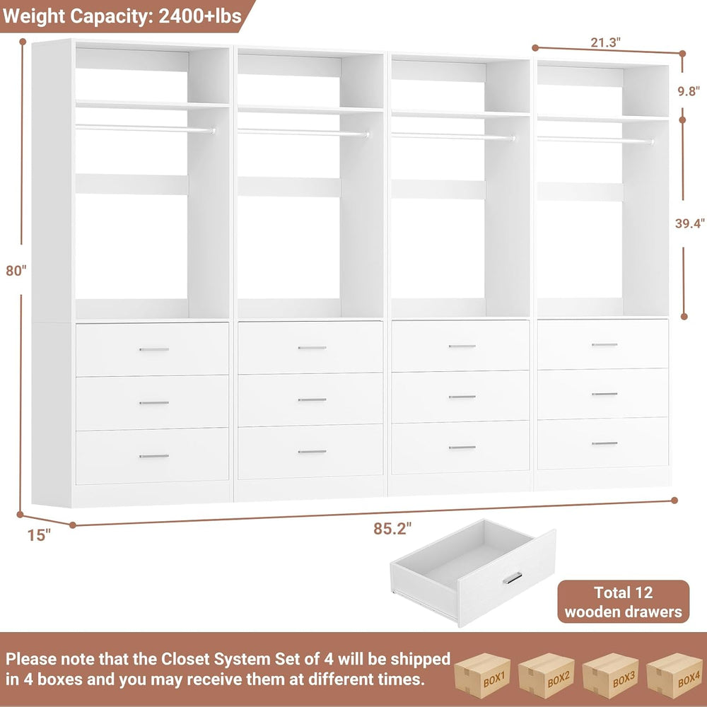 Besiost Closet Systems with 12 Wood Drawers, Closet System Set of 4