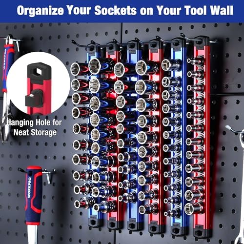 WORKPRO Magnetic Socket Organizer Set, 6-Piece 1/4” 3/8” 1/2” Socket Rails
