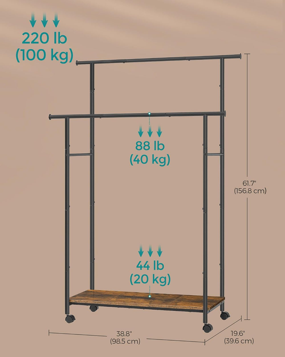 SONGMICS Clothes Rack with Wheels, Steel Garment Rack with Shelf