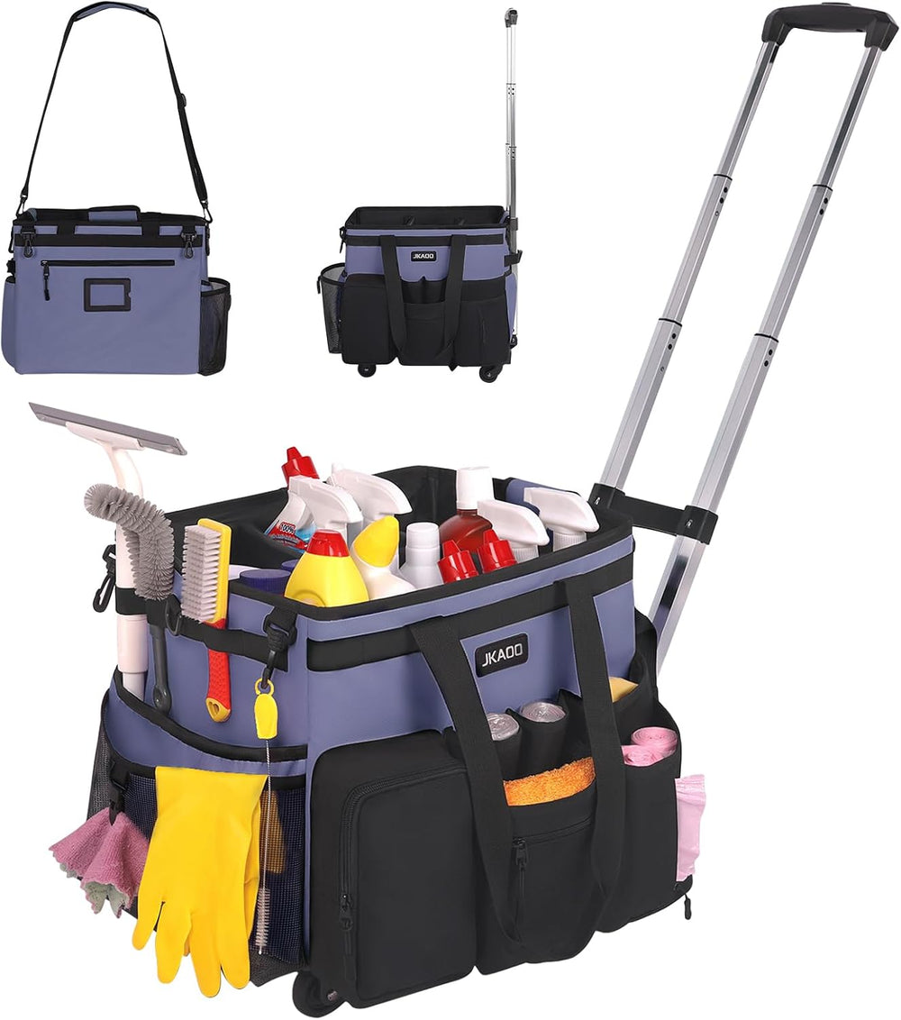 JKAOO Large Rolling Cleaning Caddy Bag with Detachable Trolley, Denim Blue