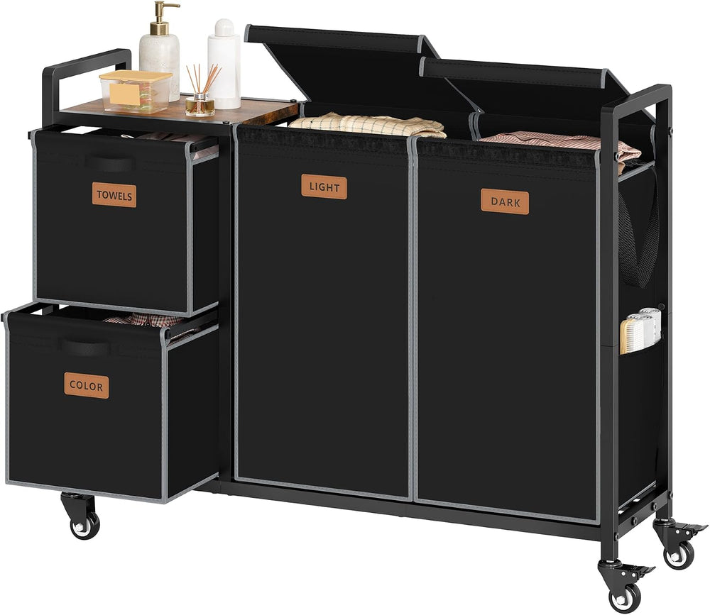Hoctieon 4 Section Laundry Cart, 52.8 Gal. (200L) Laundry Hamper with Lid, La...
