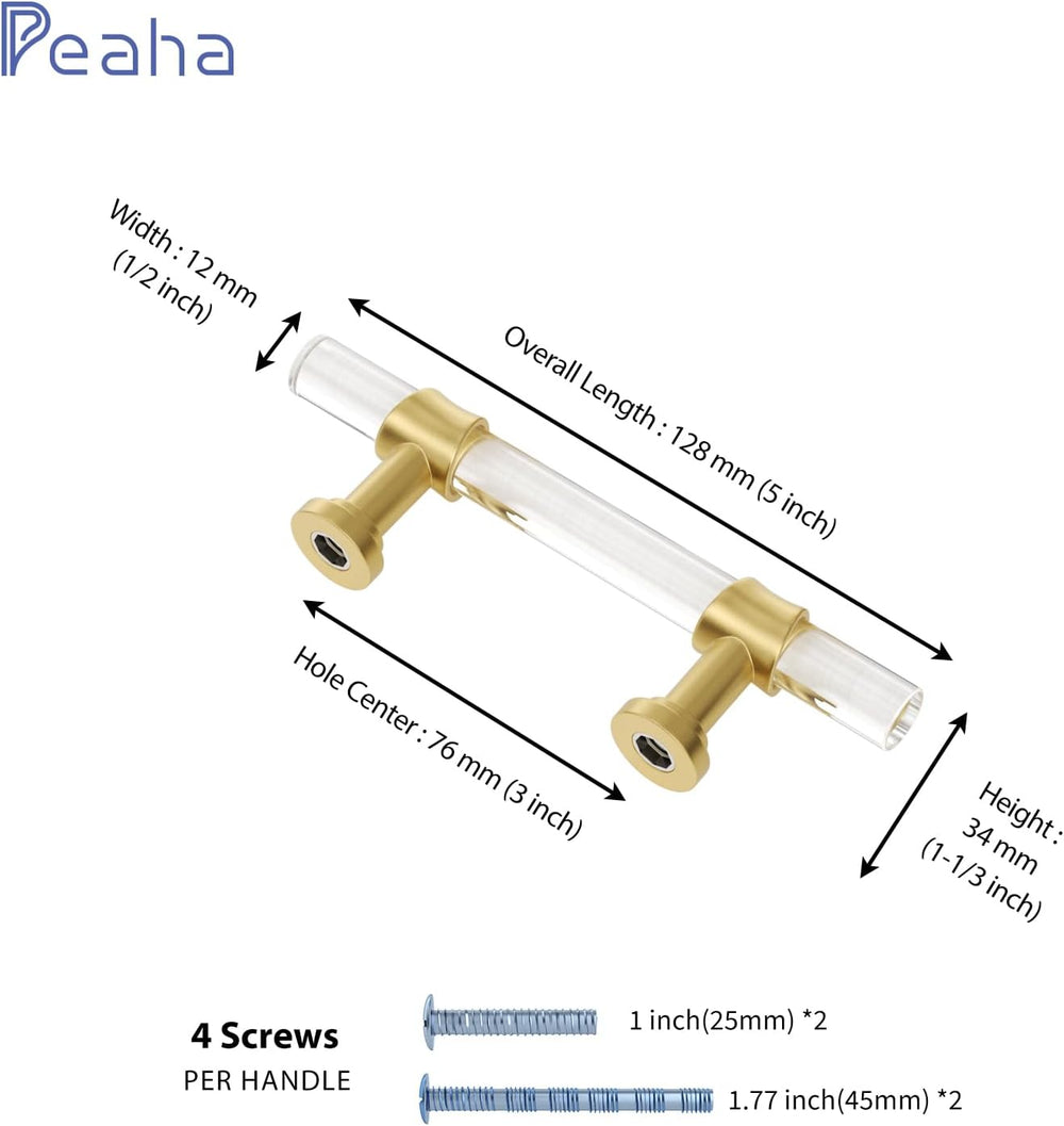 Peaha Acrylic Drawer Pulls, Kitchen Cabinet Handle 3 Inch 10 Pack, Gold Drawe...