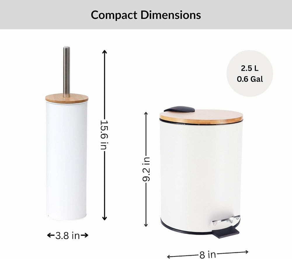 Bathroom Set w/Bamboo Lid, Metal Trash Can & Toilet Brush, 2.5L Bin, White