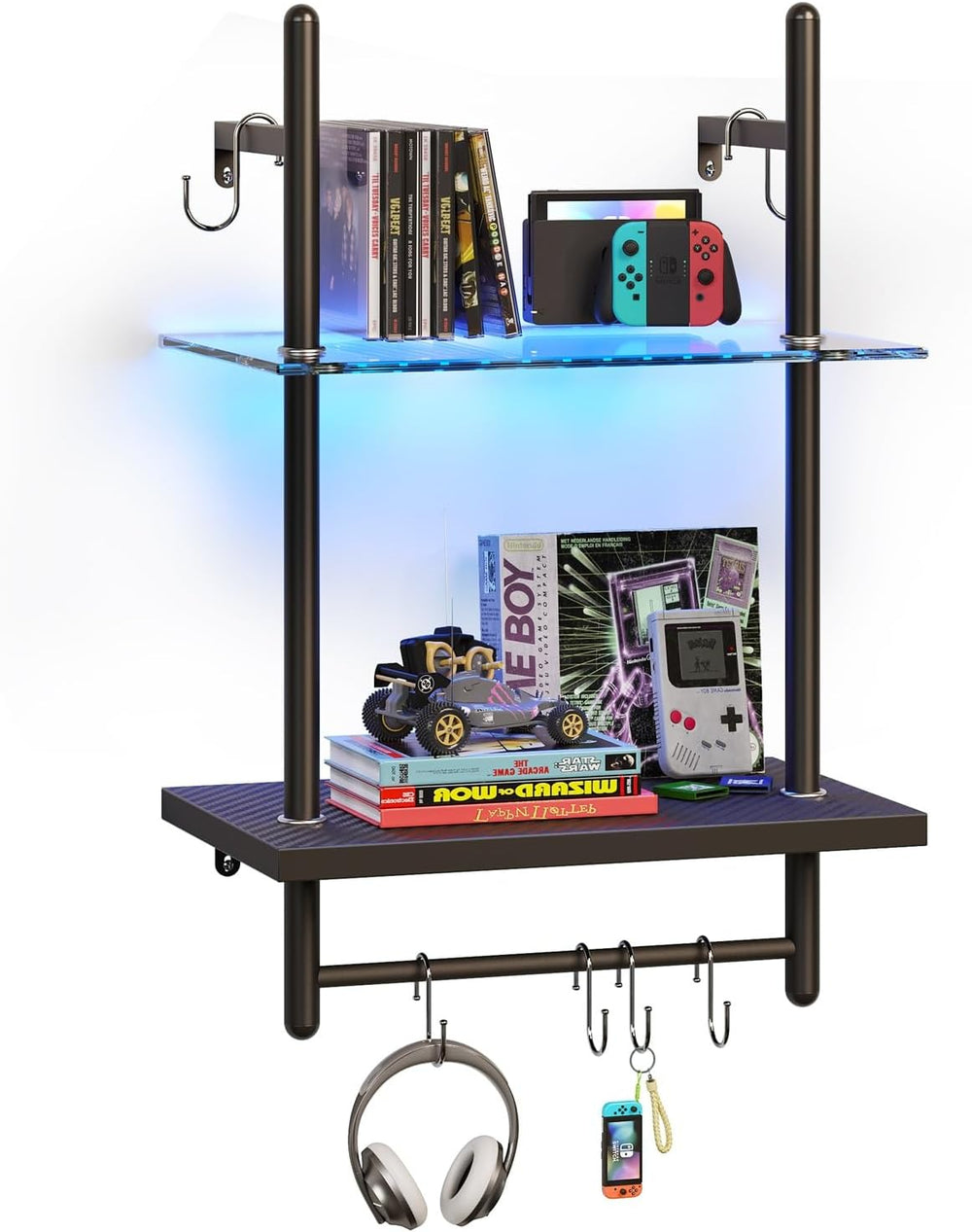 Bestier 15" Gaming Floating Shelves with LED Lights, Carbon Fiber Black