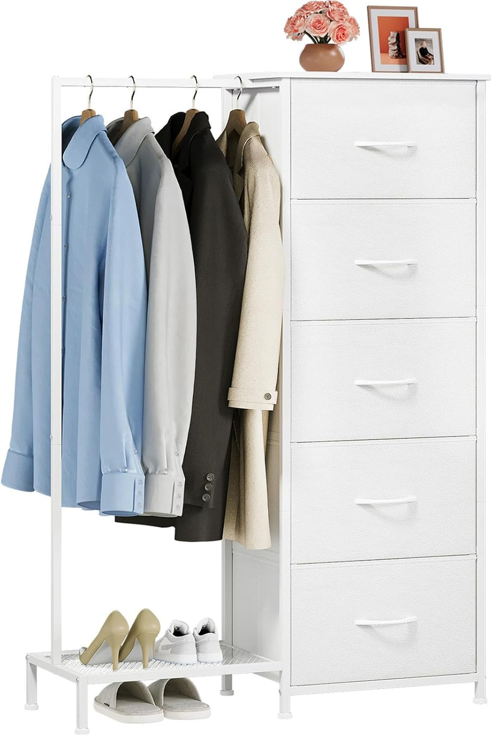 Somdot Dresser with Hanging Rack, 5 Drawers Small Closet for Bedroom