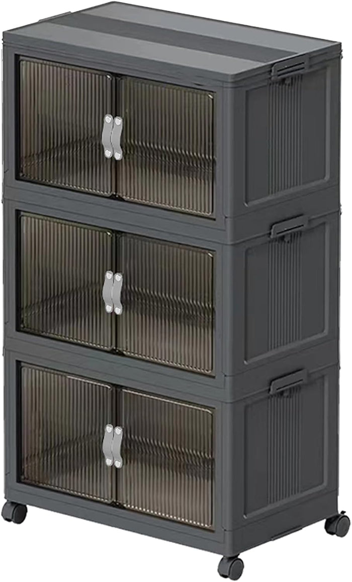 Collapsible Storage Bins with Lids and Front Doors, Heavy-Duty Stackable Plastic Organizers, Folding Utility Storage Boxes for Garage, Office, Pantry and Home (3, Dark Grey, 30 Gal/Rack)