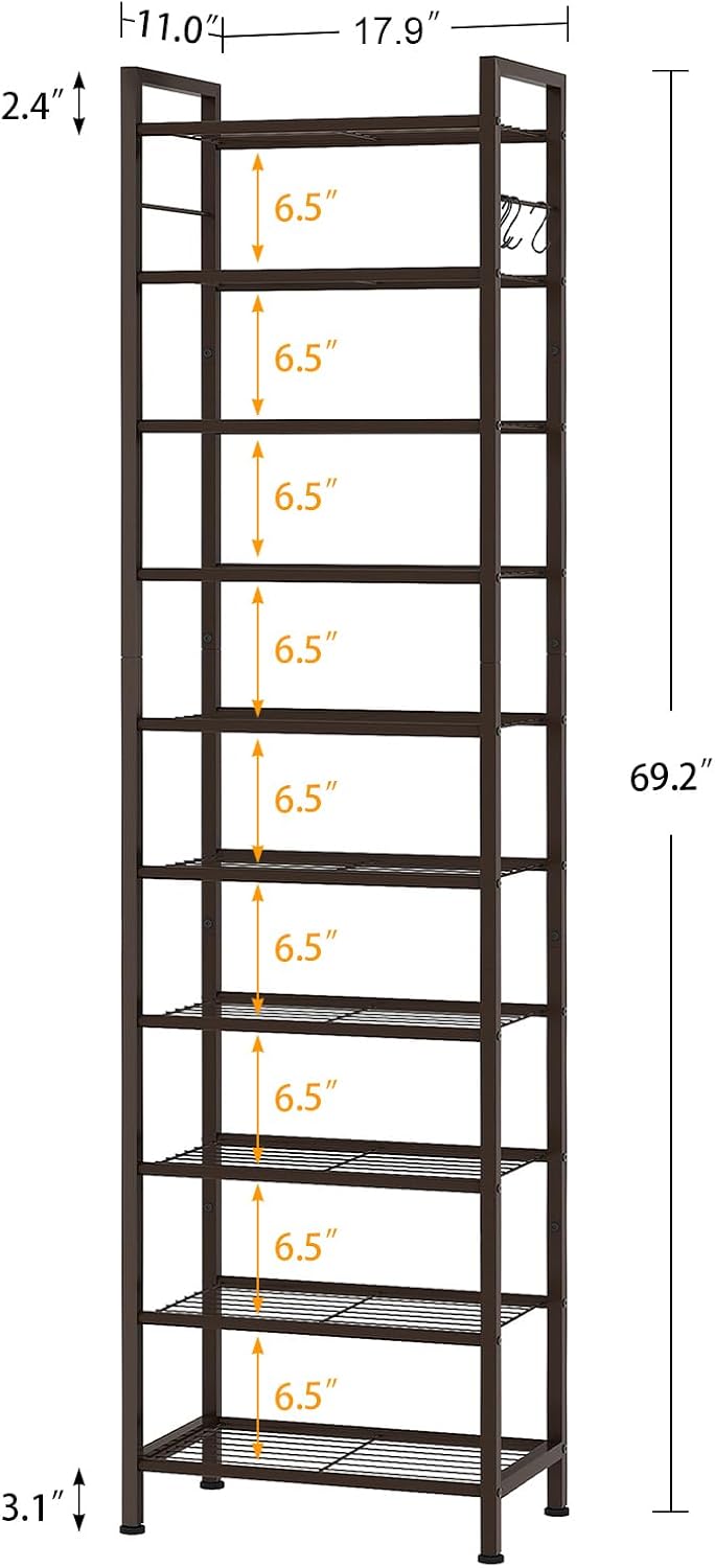 usikey 10 Tiers Narrow Shoe Rack 20-30 Pairs, Sturdy Metal Tall Shoe Rack She...