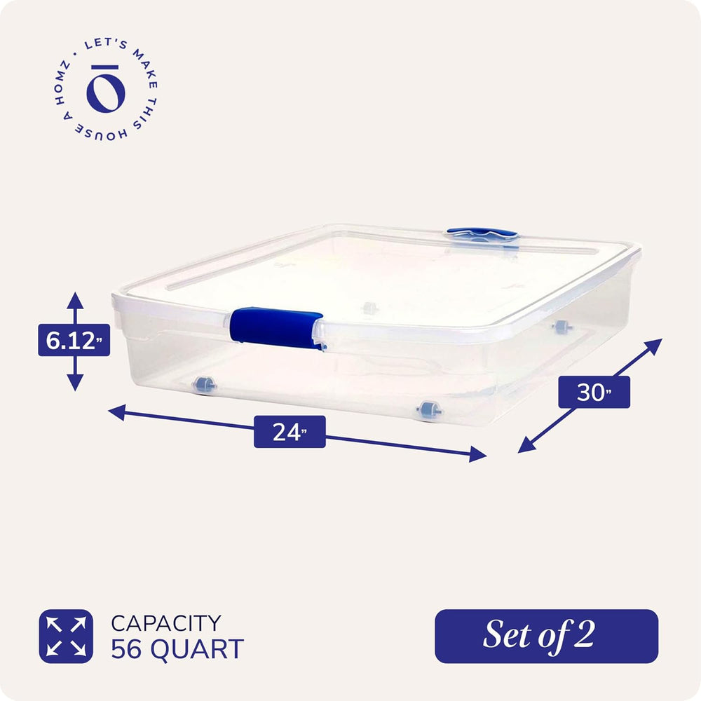 HOMZ 2-Pack Under Bed Storage, Clear Plastic Containers with Lids, 56 Quart, ...