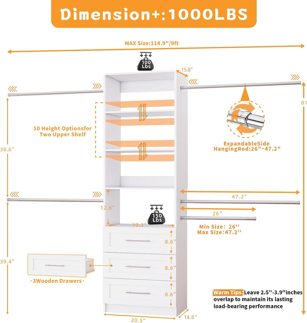 Closet System with Drawers, 4FT-9FT Modular Closet Organizer System with 4 Ex...