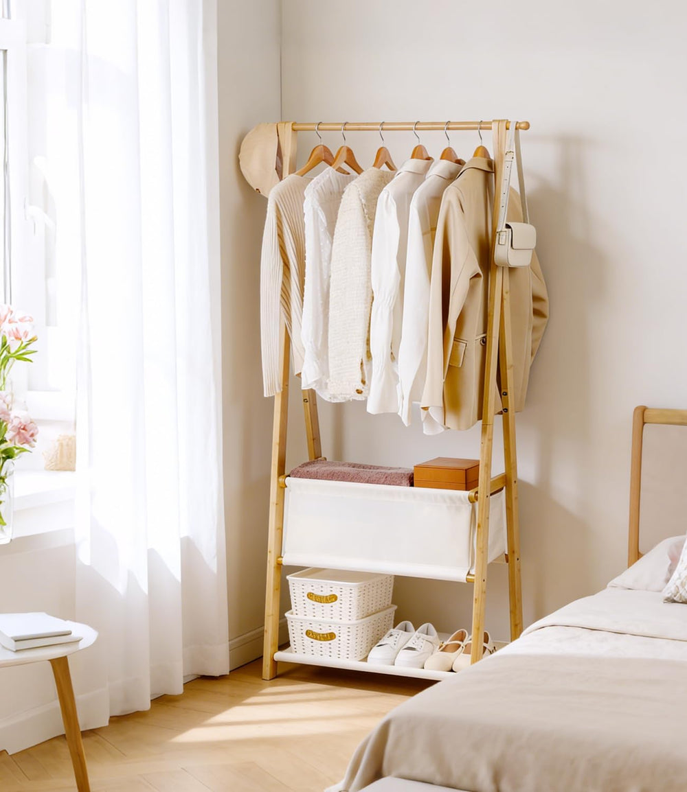 Bamboo Clothes Rack with Storage Box and Storage Shelf, Portable Extra Large ...