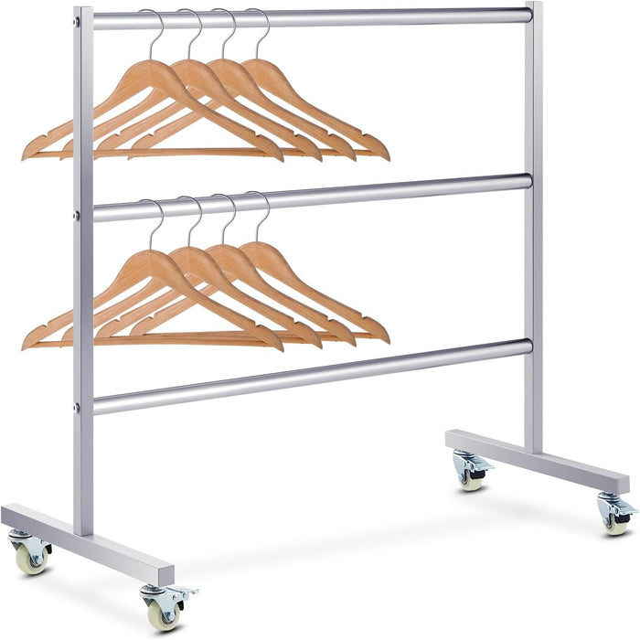 DoubleFill 3 Tier Hanger Organizer Stacker Clothes Hanger Holder Hold up 200 Wire Hangers, Stainless Steel Rack Stand Mobile Rack for Laundry Rooms Malls Boutiques 30" W x 15" D x 32 ½"h