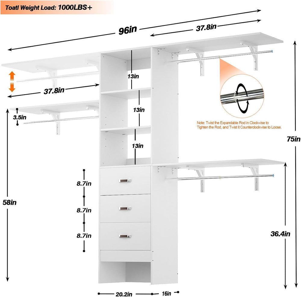 iSunirm 8FT Closet System, 96'' Closet Organizer System with 3 Hangin...