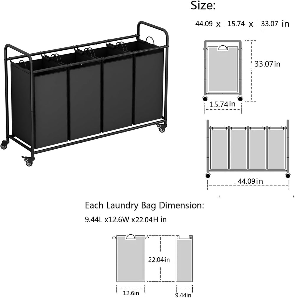 LINZINAR 4 Section Laundry Hamper, Black Laundry Basket 180L Laundry Sorter