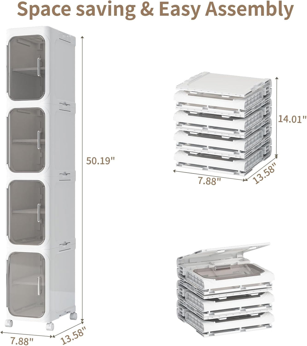 4 Tier Slim Bathroom Storage Cabinet, Foldable and Movable, White