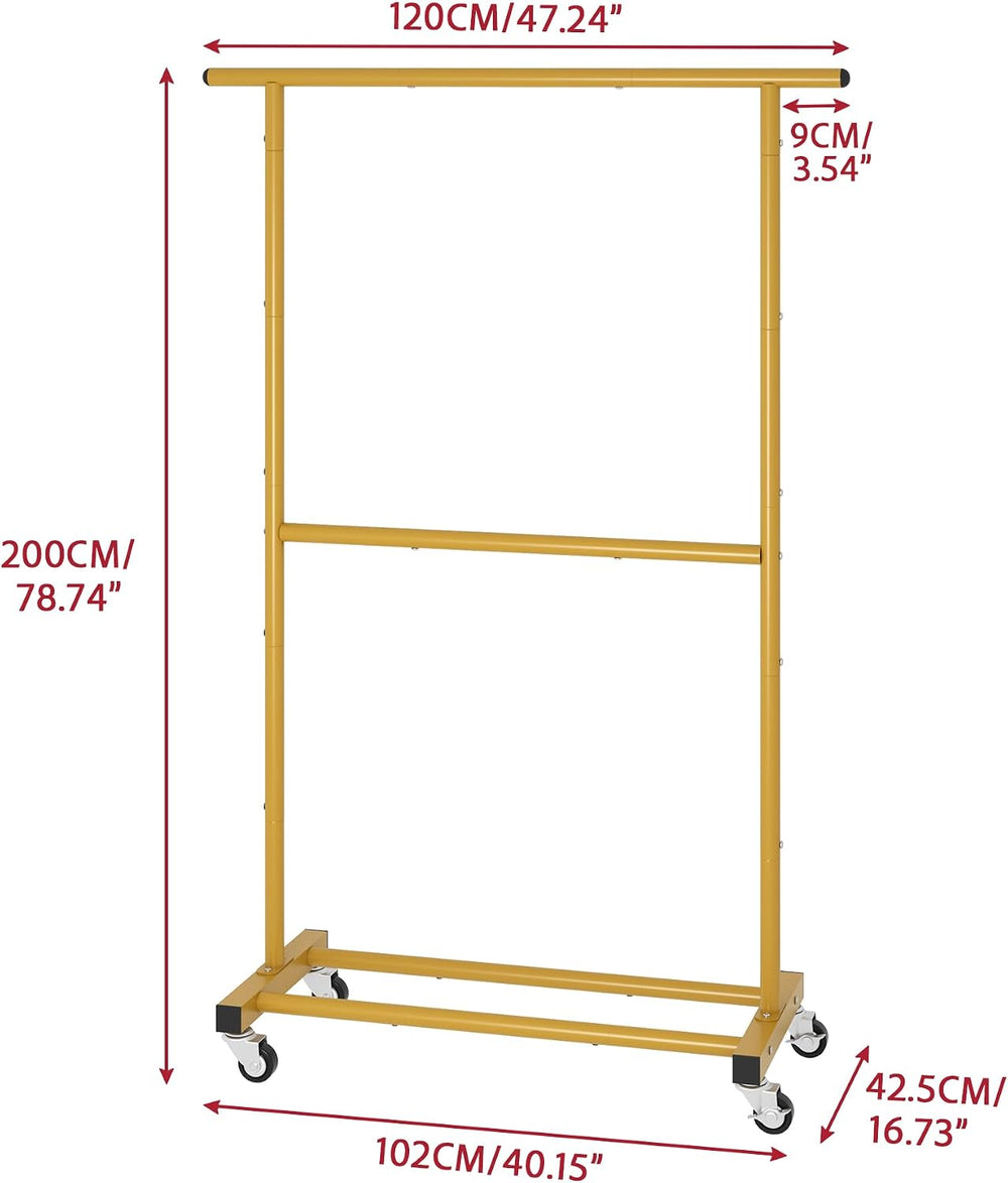 Sywhitta Double Rod Metal Clothing Garment Rack on Wheels, Gold