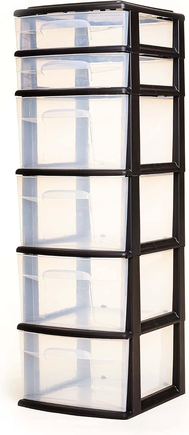 HOMZ 6 Drawer Storage Cart, Large Plastic Container, Black Frame, 2 Pack