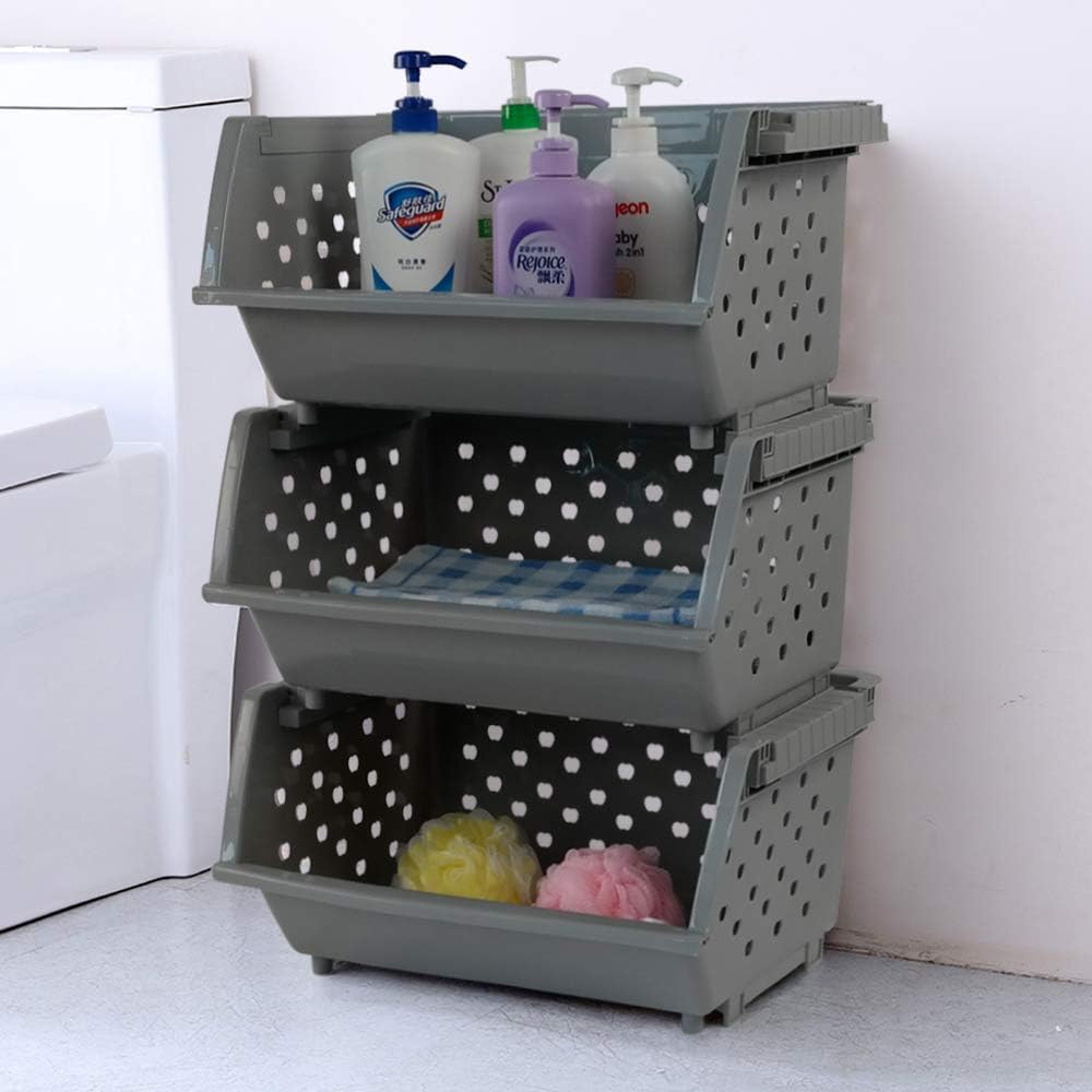 Begale 3-Pack Gray Plastic Stackable Detachable Storage Bin