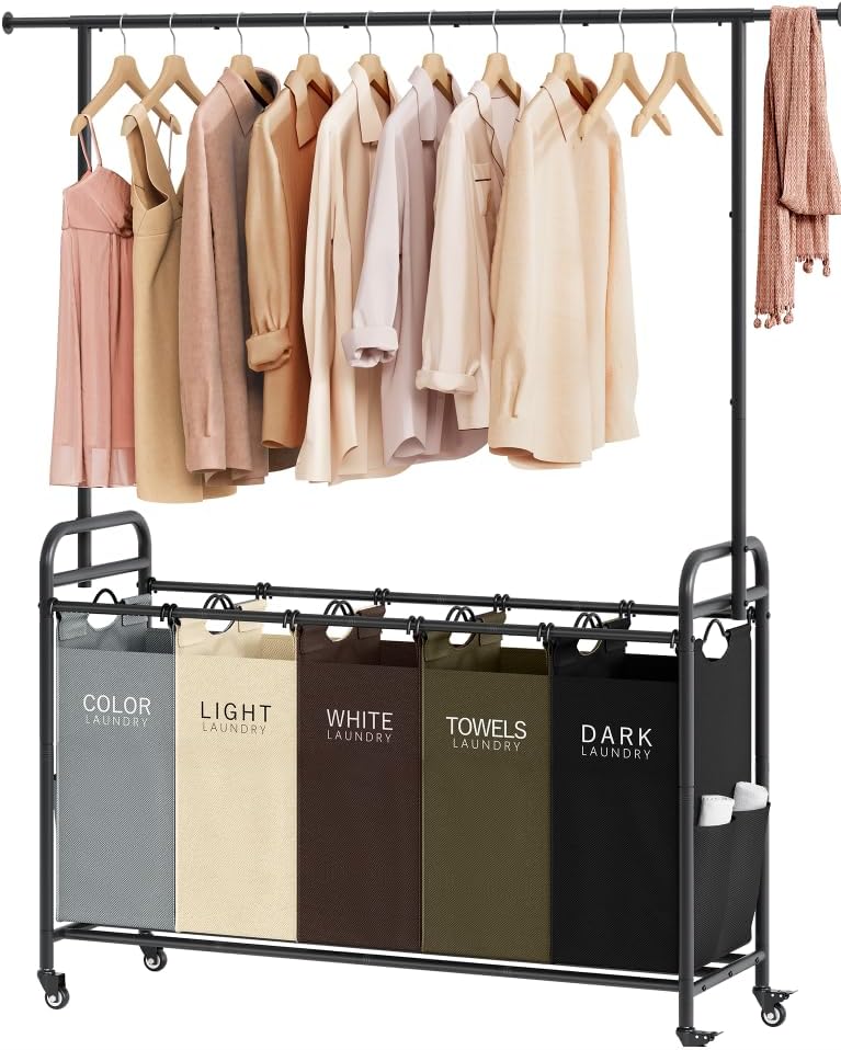 Tajsoon Laundry Sorter Cart with Hanging Rack, 5 Section, 5 Colors