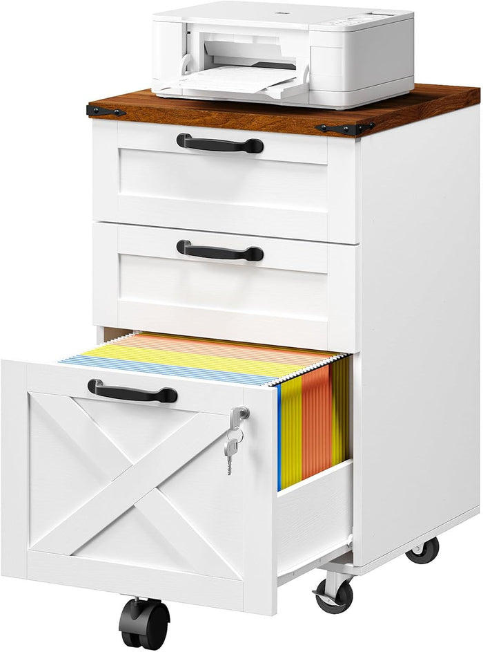 HOOBRO 3 Drawer File Cabinet with Lock, Mobile Farmhouse Filing Cabinet for A4/Letter Size, Under Desk Rolling Office Cabinet, Printer Stand with Storage for Home Office, White and Walnut WH67WJ01