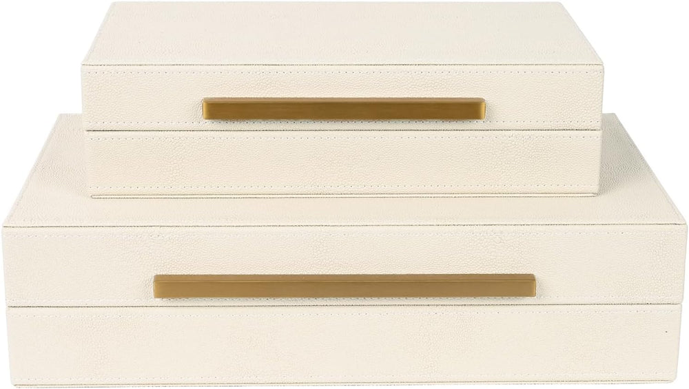 Beige Shagreen Decorative Storage Boxes – Set of 2 Faux Leather Jewelry &...