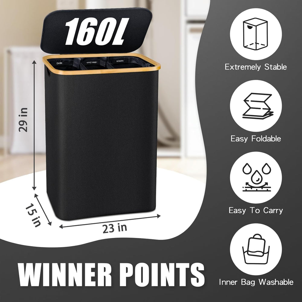 Hampers for Laundry Basket with Lid, 160L Large Laundry Hamper 3 Section