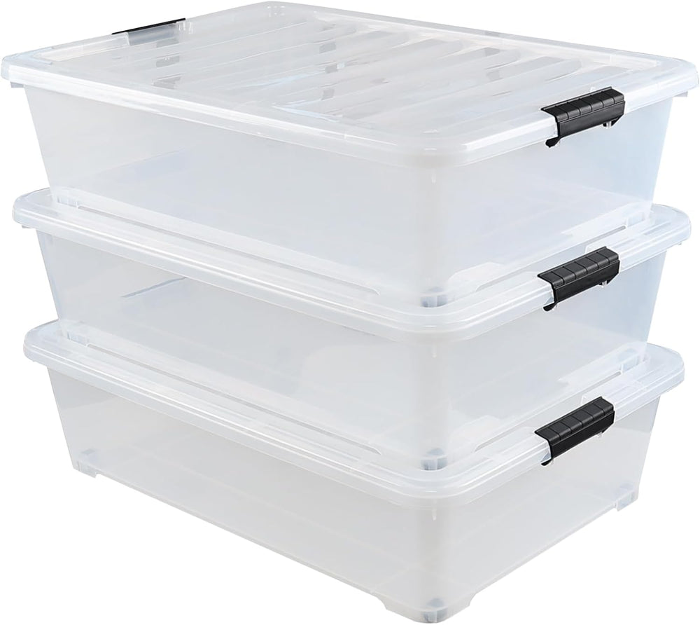 Gloreen 3 Pack Large Under Bed Storage Boxes with Wheels, 50 Quart, Clear