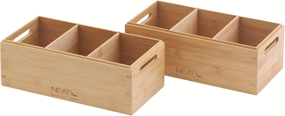 Set of 2 Stackable Bamboo Wood Boxes with Handles, Storage Bins for Shelving,...