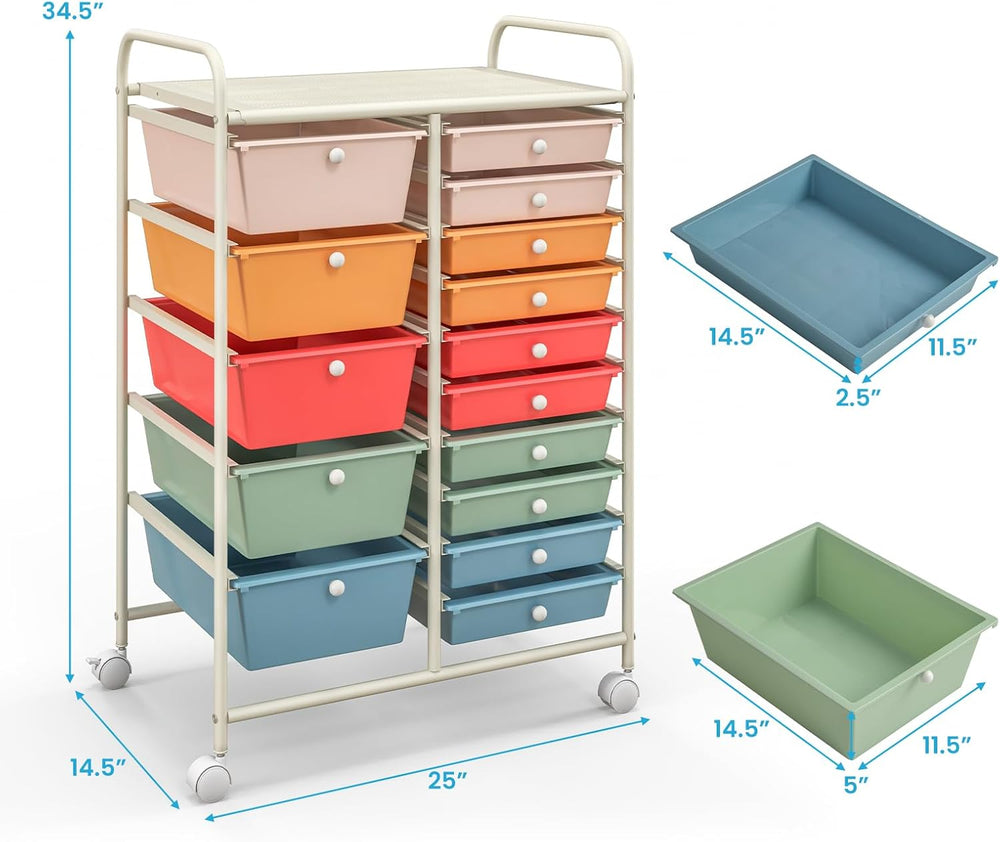 Giantex 15 Drawers Rolling Cart, Classroom Organizers, Storage Cart with Whee...