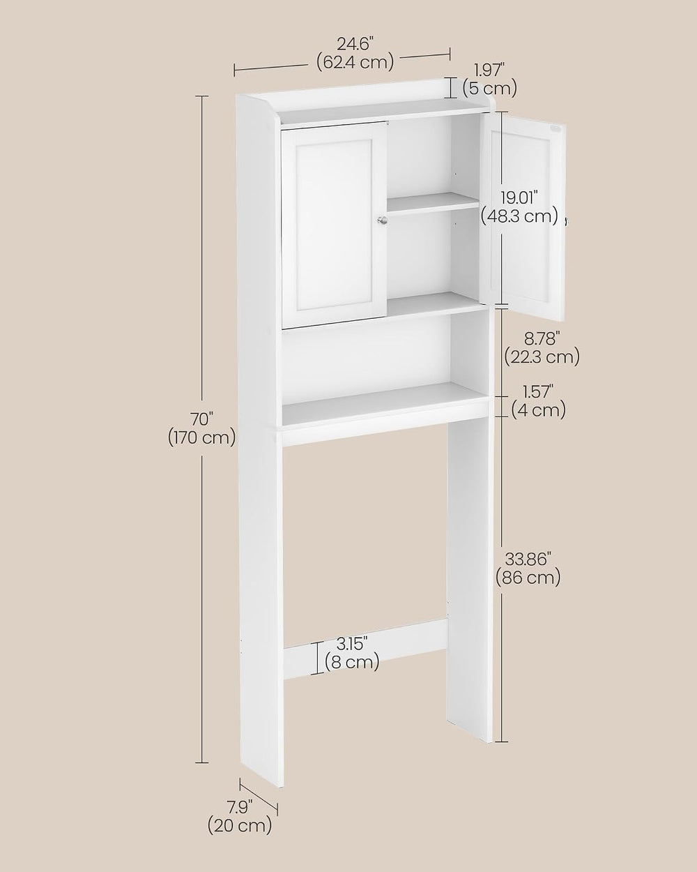 VASAGLE Over the Toilet Storage Cabinet, Doors, Adjustable Shelves, 24.6'...