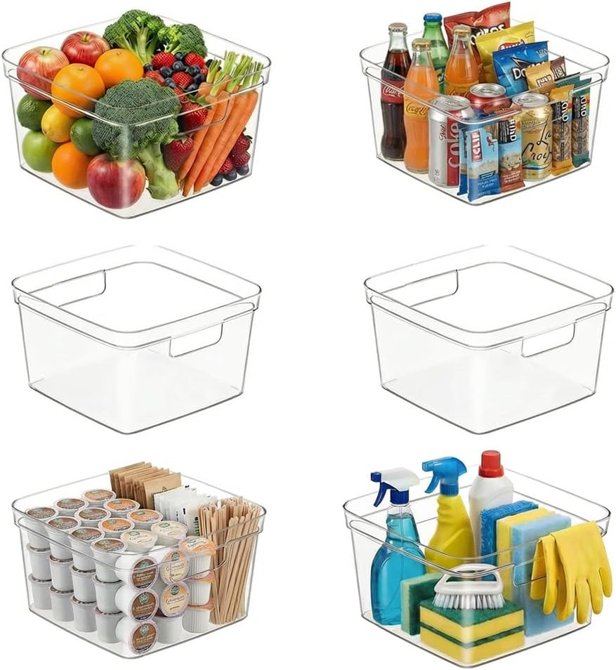 MOONEDGE 6-Pack 10x10x6 Clear Plastic Cube Storage Bins with Handles