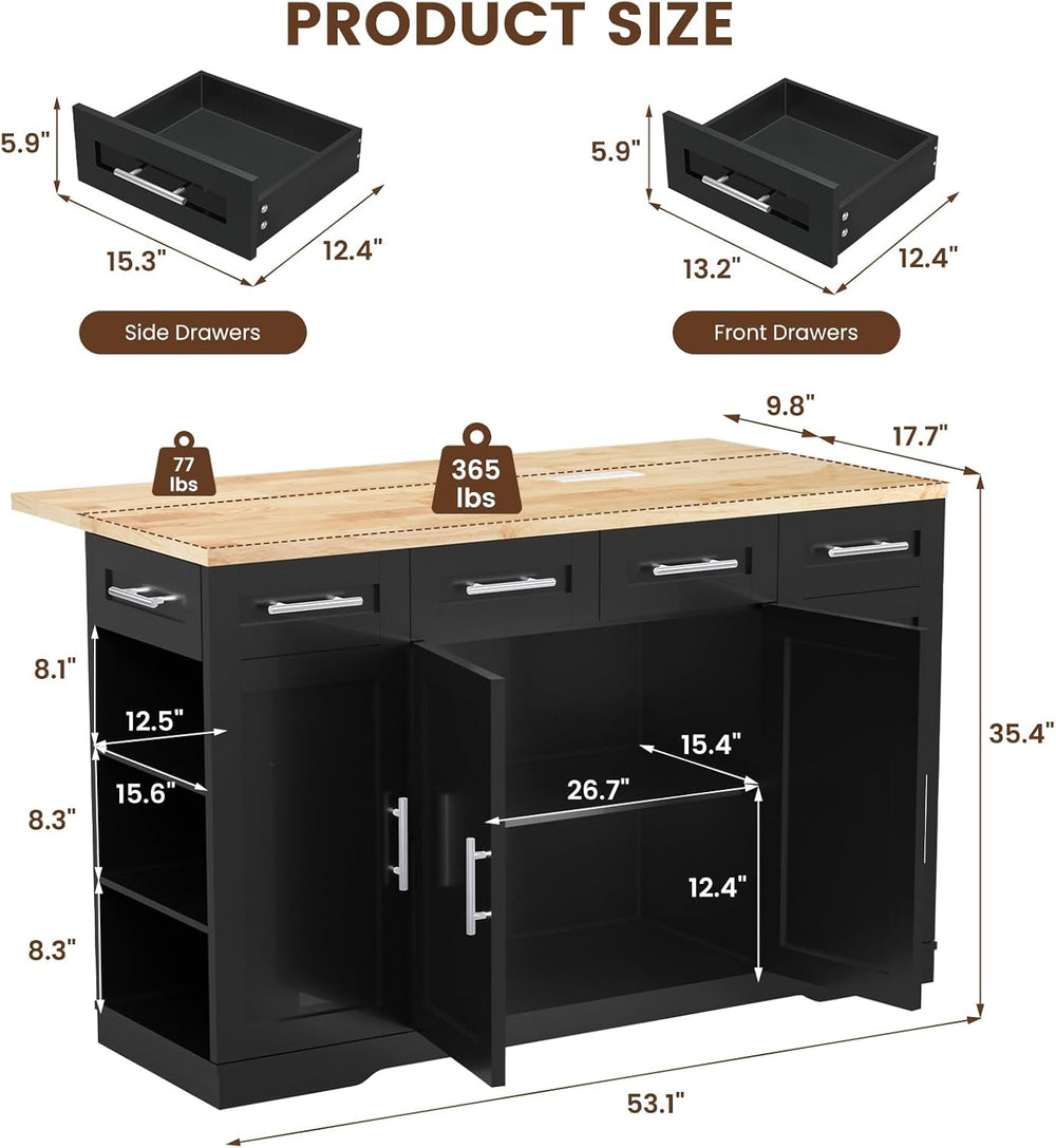 Dripex 53'' Rolling Kitchen Island with Power Outlet, Drop Leaf &...