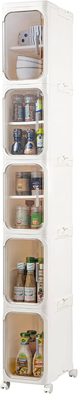 5-Tier Narrow Storage Cabinet Slim Bathroom Tall Skinny Organizer，Beige