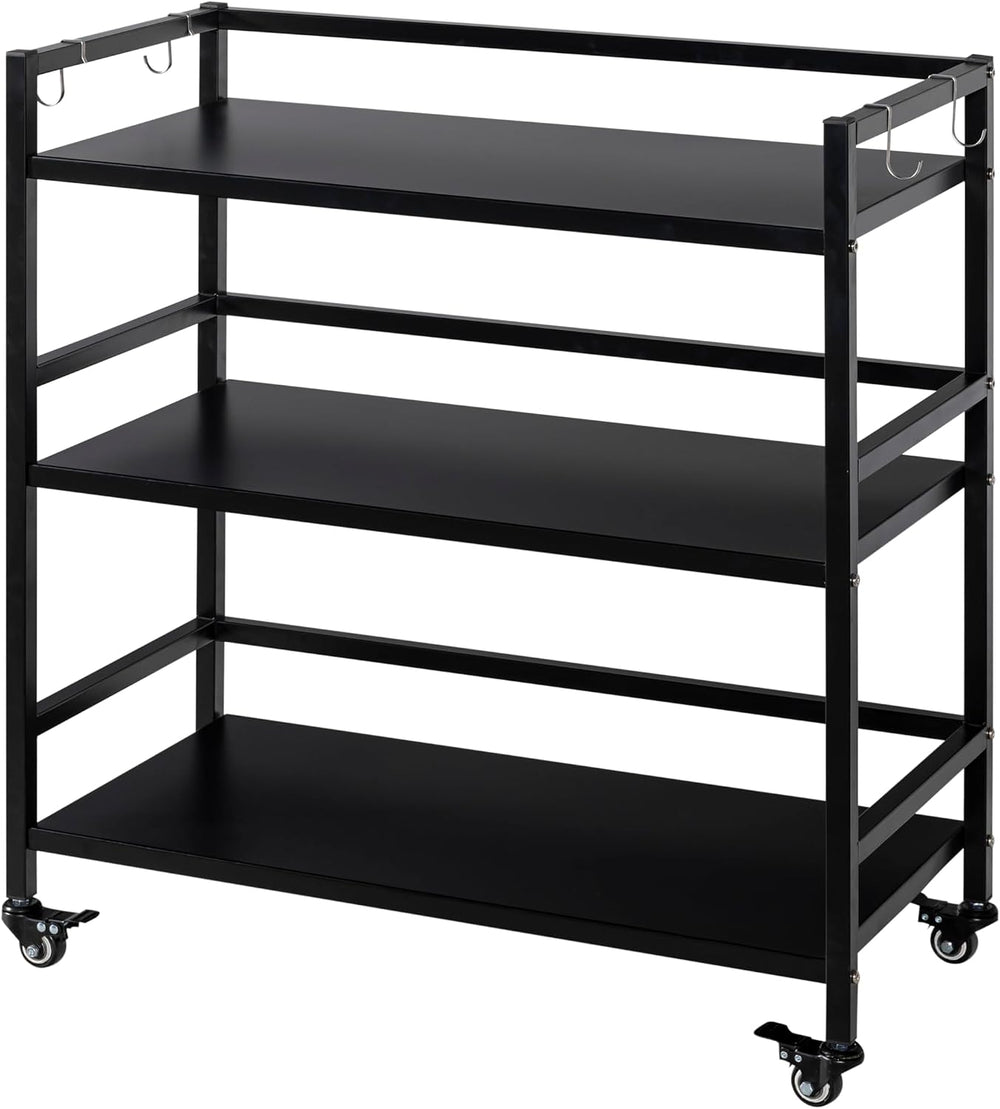 Metal Storag Shelves,3 Tier Move Storage Rack with 4 Hooks,Black