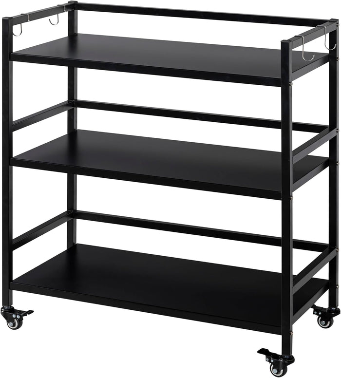 Metal Storag Shelves,3 Tier Move Storage Rack with 4 Hooks,Black