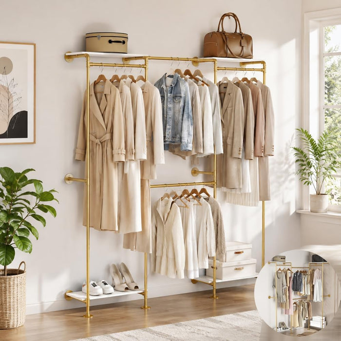 KaKaBB Industrial Pipe Clothing Rack with Shelves, Wall Mounted Gold Corner Clothes Rack, Adjustable Closet System for Walk in Closets, Heavy Duty Metal Garment Organizer (73" W x 84" H)