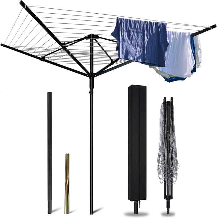 A-xctoe Rotary Outdoor Umbrella Drying Rack Adjustable Height Clothesline w/Waterproof Protective Cover Folding Rotary Dryer with 4-Aluminum Arms and Steel Post | 12-Lines with 165 ft Clothesline