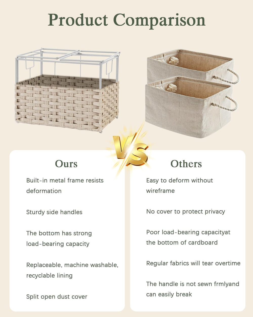 SETVSON Storage Basket with Lid, 2-Lid PE Rattan Storage Bin, Light Khaki