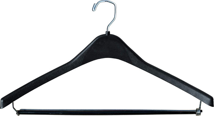 Heavy-Duty Black Plastic Coat Hanger with Locking Wooden Pant Bar, (Box of 25) 1/2 Inch Thick Countoured Hanger with Chrome Swivel Hook
