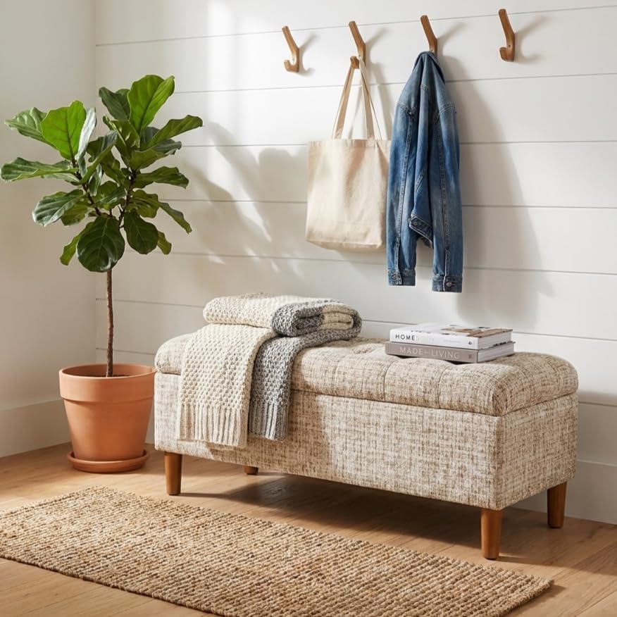 HomePop 40" Ainsley Button Tufted Storage Bench - Cream Textural Woven