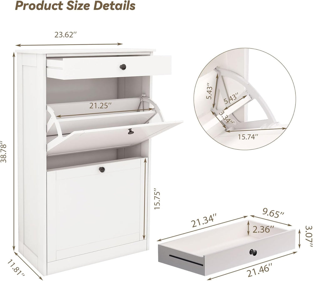 FTZxHKLX Shoe Cabinet with 2 Flip Drawers, Slim Shoe Storage Cabinet, White