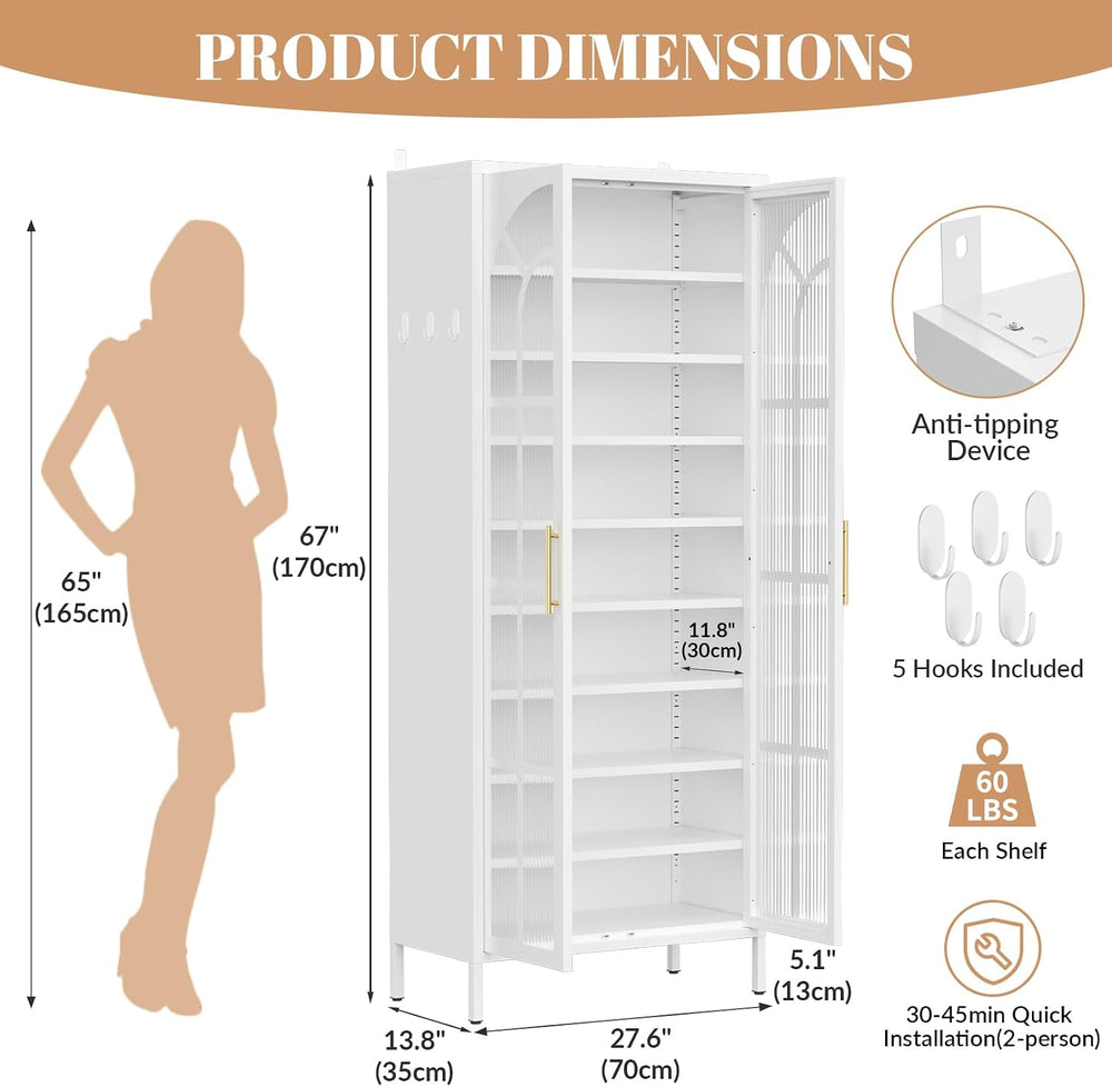 9-Tier Tall Shoe Cabinet with 2 Doors, 67-Inch, Metal, White