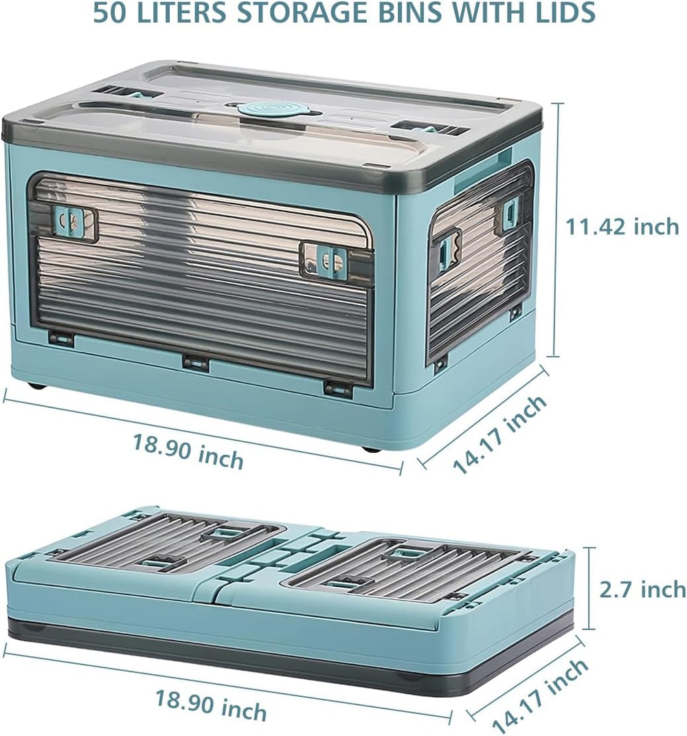 Folding Storage Bins, 50 Liters, 2 Pcs Blue plastic Storage Containers with W...