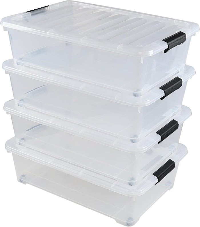 25 L Plastic Sturdy Rolling Under Bed Storage Container Bins, 4 Packs