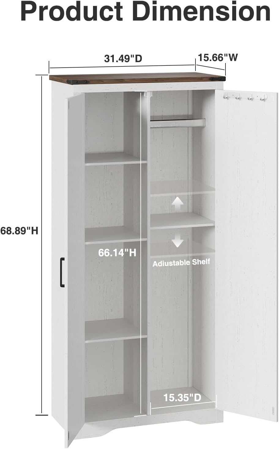 FiveWillowise 69" Tall Storage Cabinet with Adjustable Shelves, Farmhous...