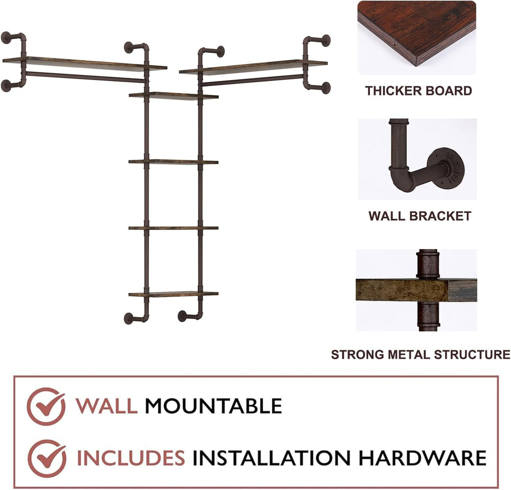 Helsin 5-Tiers 74inch Large Rustic Industrial Pipe Floating Shelving, Wall Mo...