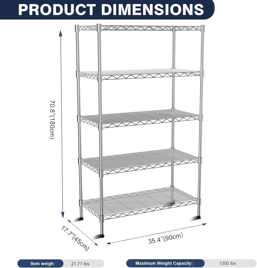 5-Tier Heavy Duty Metal Shelf,Chrome Wire Shelving Unit 35"Wx18Dx71H