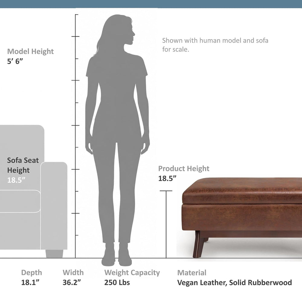 SIMPLIHOME Owen 36" Wide Vegan Leather Lift Top Ottoman in Saddle Brown