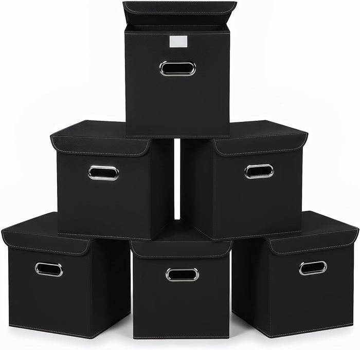 Closet Organizers Fabric Storage Bins With Lids Collapsible Cube Storage Organizer Basket With Handles,Storage Boxes for Clothes Storage,Office,Laundry,Shelves,6 Pack,（Black