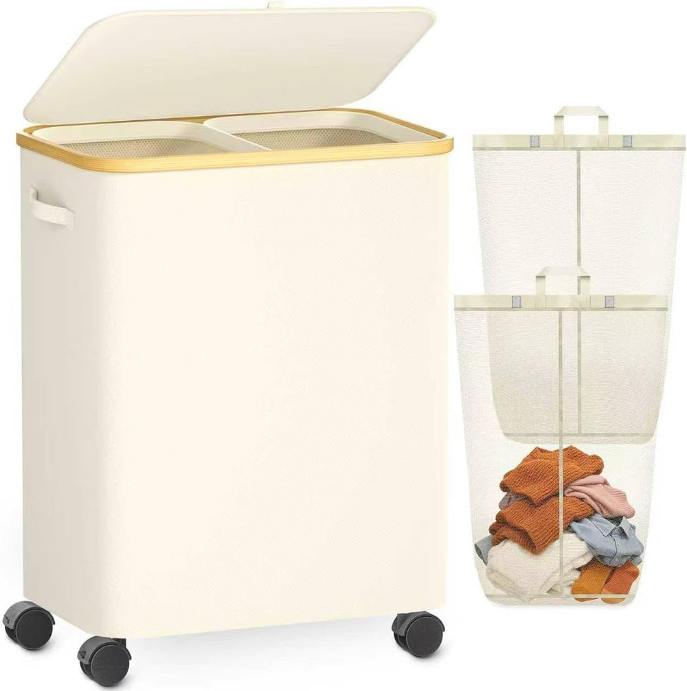 Double Laundry Basket with Wheels and Lid, 150L Clothes Hampers for Laundry